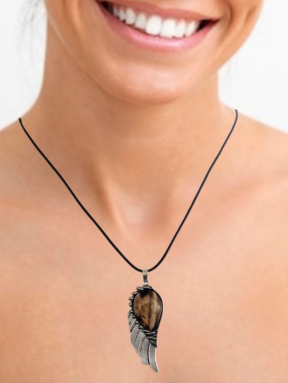 Elegant Silver Wing Natural Stone Pendant w/ Cord Necklace NWOT